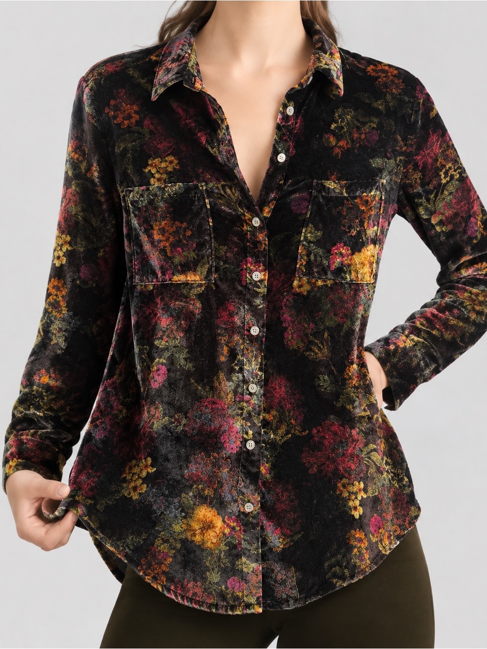 Pilcro Black Velvet Floral Button-Down Slightly Oversised Shirt